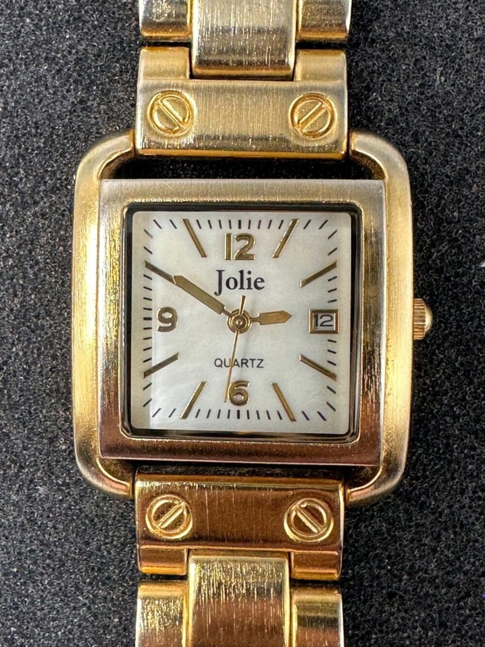 Jolie Watch Women Gold Tone Square Dial Date Windown New Battery 7.75"